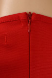 レッド カジュアル ワーク ソリッド パッチワーク ベルト付き Oネック ワンステップ スカート ドレス