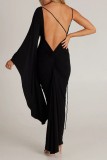 Robe longue noire sexy décontractée à col en V asymétrique solide dos nu