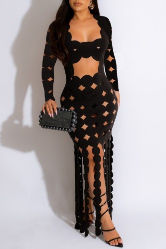 Black Sexy Casual Solid Tassel Hollowed Out See-through Square Collar Long Sleeve Dresses