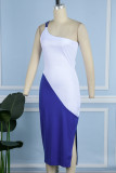 ブルーエレガントカラーランプバックレススリットコントラスト斜め襟ラップスカートドレス