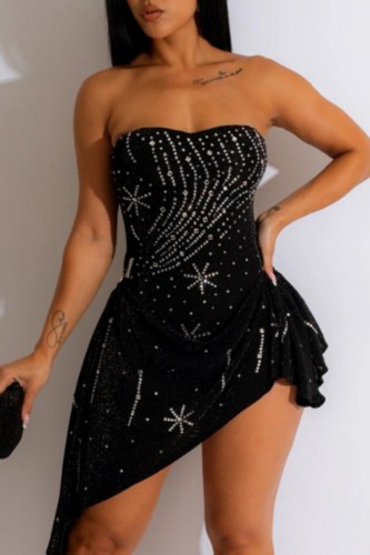 Black Sexy Party Patchwork Hot Drilling Backless Strapless Irregular Dress Dresses