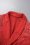 Vêtement d'extérieur décontracté solide patchwork perles col rabattu rouge