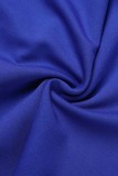 ロイヤルブルー カジュアル ワーク ソリッド パッチワーク フォールド O ネック ワンステップ スカート ドレス