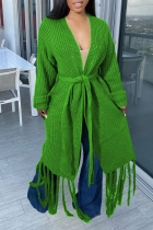 Prendas de abrigo con cuello en V y borlas sólidas informales verdes