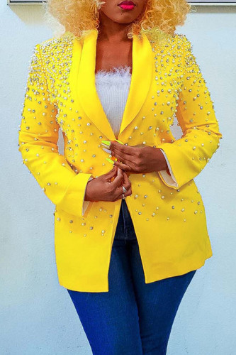 Prendas de abrigo con cuello vuelto con cuentas de patchwork sólido diario casual amarillo