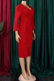 Vestidos de falda de un paso con cuello en V y pliegues de patchwork sólido elegante rojo