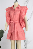 Tangerine Red Sweet Solid Patchwork Buttons Fold Turndown Collar A Line Robes (Avec Ceinture)