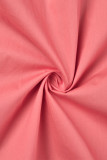 ピンクの甘い固体パッチワーク ボタン折りターンダウン カラー A ライン ドレス (ベルト付き)