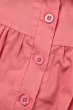 ピンクの甘い固体パッチワーク ボタン折りターンダウン カラー A ライン ドレス (ベルト付き)