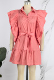 Tangerine Red Sweet Solid Patchwork Buttons Fold Turndown Collar A Line Robes (Avec Ceinture)