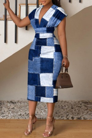 Dark Blue Casual Print Patchwork V Neck Pencil Skirt Dresses