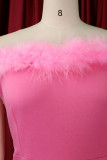 Rosa sexy elegante sólido patchwork plumas hendidura fuera del hombro vestido de noche Vestidos
