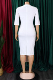 Белые повседневные однотонные лоскутные асимметричные платья с круглым вырезом и юбкой в ​​один шаг