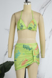 Fluorescent Green Sexy Letter Patchwork Fold Strap Design 3 Piece Sets