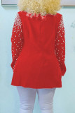 Rote, lässige Alltags-Oberbekleidung mit einfarbigem Patchwork-Perlen-Umlegekragen