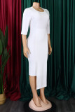 Белые повседневные однотонные лоскутные асимметричные платья с круглым вырезом и юбкой в ​​один шаг