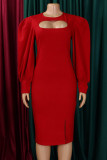 Red Elegant Solid Hollowed Out Patchwork Slit O Neck One Step Skirt Dresses
