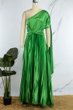 Vestidos longos casuais de gola oblíqua com dobra verde