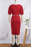 Red Casual Solid Patchwork V Neck Wrapped Skirt Dresses