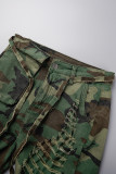 Camouflage Casual Camouflage Print Ripped Patchwork Skinny Denim Shorts med hög midja