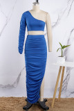 Blue Casual Solid Slit Fold Oblique Collar Long Sleeve Two Pieces