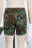 Lässige, lässige, zerrissene, Patchwork-Jeansshorts mit Camouflage-Print und hoher Taille