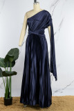 Темно-синие повседневные однотонные длинные платья с косым воротником и складками Платья