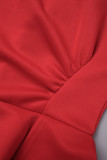 Rote, lässige, einfarbige, rückenfreie Volant-Schlitz-Kleider mit O-Ausschnitt und einstufigem Rock