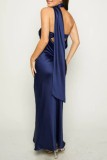 Blauwe sexy casual effen rugloze halter lange jurkjurken