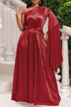 Vestido largo de cuello oblicuo con pliegue sólido informal rojo Vestidos
