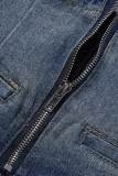 Himmelblaue, legere, lässige, graduell wechselnde, Patchwork-Jeansshorts mit hoher Taille und Röhrenjeans