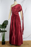 Red Casual Solid Fold Oblique Collar Long Dress Dresses