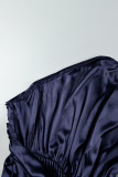 ディープブルー カジュアル ソリッド フォールド オブリークカラー ロング ドレス ドレス