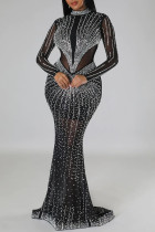 Noir Sexy Patchwork Hot Drilling See-through Half A Turtleneck Long Dress Robes