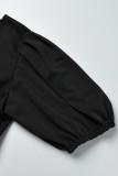 Black Casual Solid Patchwork V Neck Wrapped Skirt Dresses