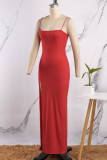 Red Sexy Casual Solid Backless Slit Spaghetti Strap Long Dress Dresses