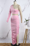 Pink Casual Solid Slit Fold Oblique Collar Long Sleeve Two Pieces