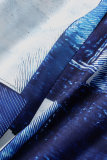 azul casual estampado patchwork cuello vuelto manga larga dos piezas