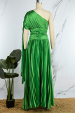 Vestido largo de cuello oblicuo con pliegue sólido informal verde Vestidos