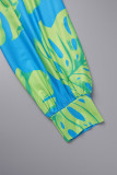 Green Casual Print Patchwork Turndown Collar Long Sleeve Three Piece Set