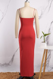 Vestido longo vermelho sexy casual liso sem costas com fenda e alça espaguete