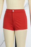 Pantalones cortos color sólido convencional de cintura alta flaco de patchwork sólido informal rojo