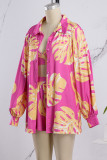 Rose Red Casual Print Patchwork Turndown Collar Long Sleeve Three Piece Set