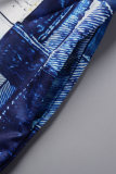 azul casual estampado patchwork cuello vuelto manga larga dos piezas