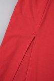 Красное сексуальное повседневное однотонное длинное платье с открытой спиной и разрезом на тонких бретелях