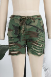 Camouflage Casual Camouflage Print Ripped Patchwork Skinny Denim Shorts med hög midja