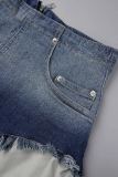 Hemelsblauw casual geleidelijk veranderende print patchwork skinny denim shorts met hoge taille