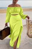 Green Casual Vacation Solid Slit Fold Long Sleeve Two Pieces Off the Shoulder Crop Tops And Thigh Spilt Skirt Sets