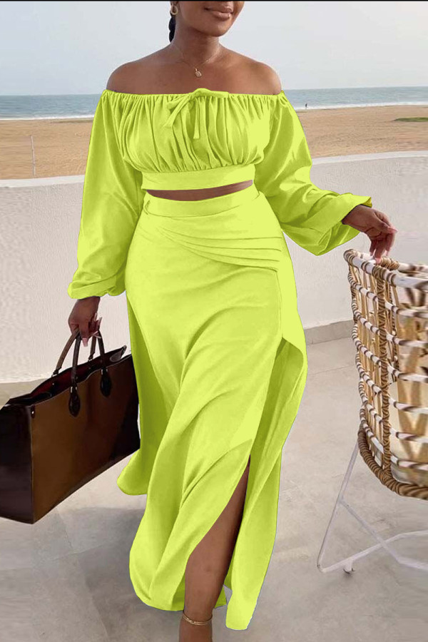 Yellow Casual Vacation Solid Slit Fold Long Sleeve Two Pieces Off the Shoulder Crop Tops And Thigh Spilt Skirt Sets