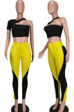 Yellow Fashion Sexy Patchwork Hollowed Out One Shoulder Long Sleeve Two Pieces